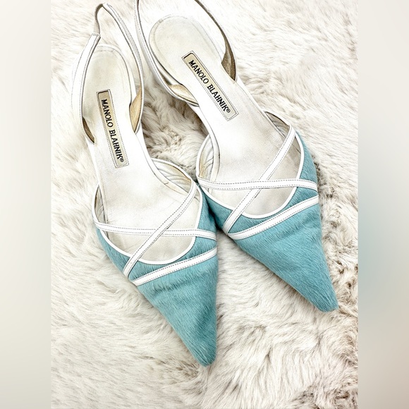 RARE Manolo Blahnik light blue pony hair leather lace-up slingback heels 37 US 7 - Picture 7 of 12